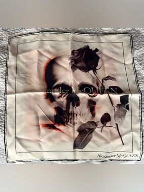 Alexander McQueen Cream Pocket Square with Black Skull & Rose Motif excellent